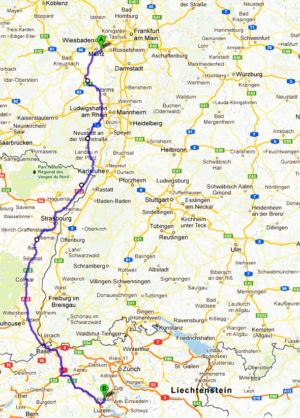 Reiseroute von Mainz nach Luzern