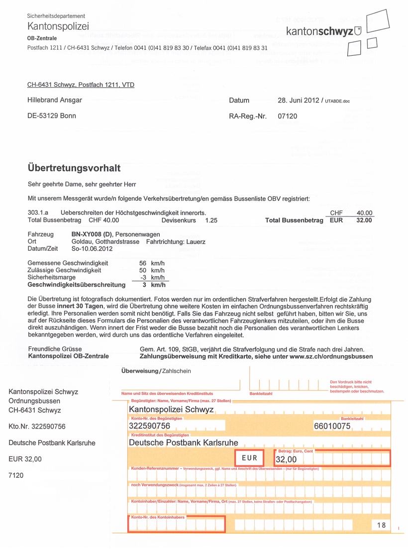 Schweizer Bussgeldbescheid - Übertretungsvorhalt - Uebertretungsvorhalt 
